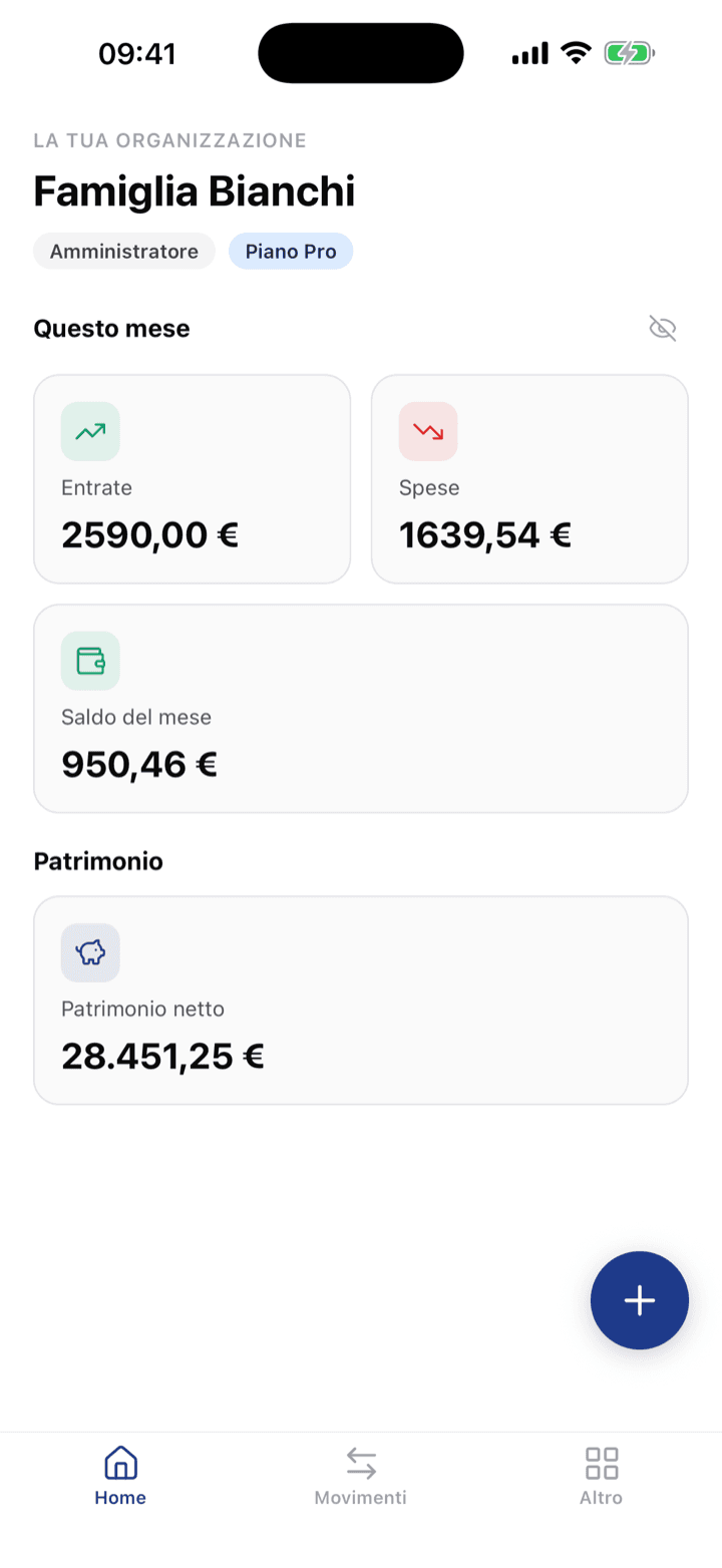 Dashboard dell'app iOS ContoFlux