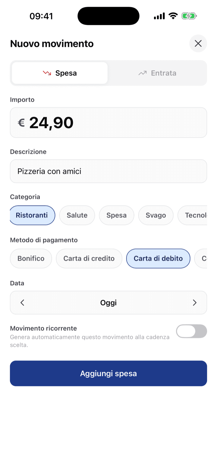 Schermata di inserimento rapido di un movimento nell'app iOS ContoFlux