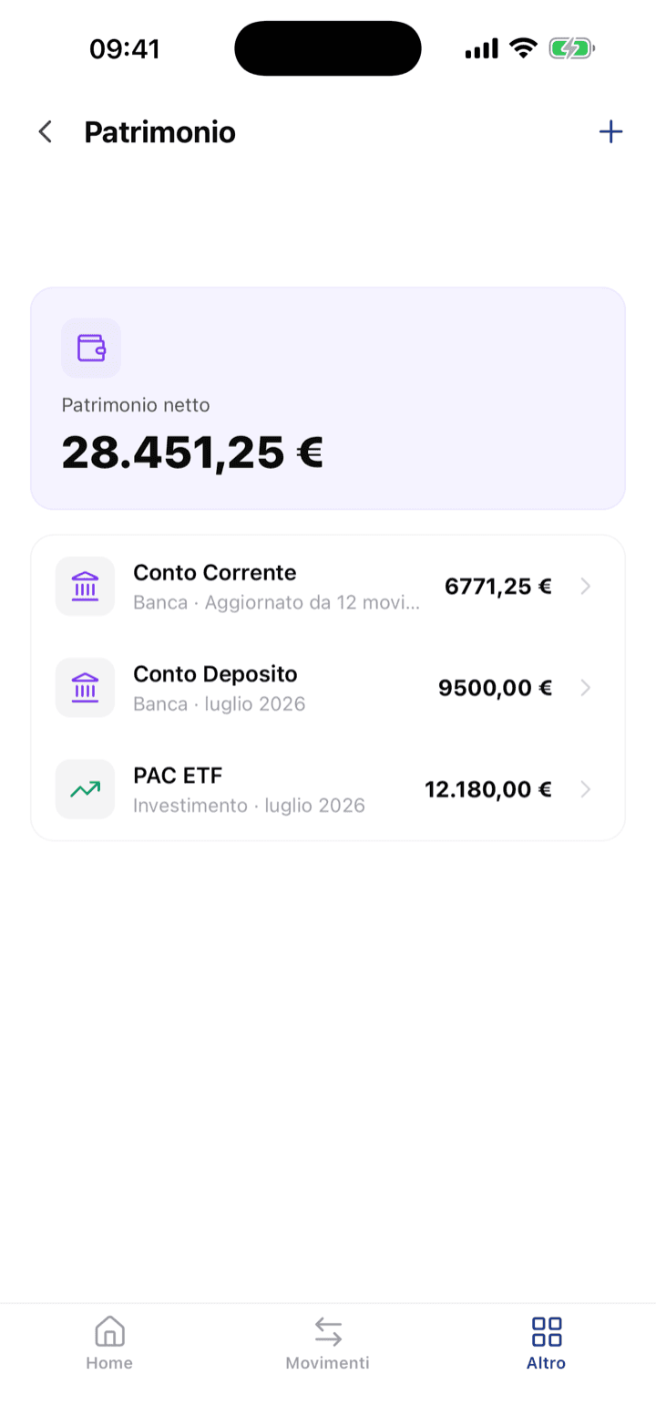 Sezione patrimonio dell'app iOS ContoFlux con conti e investimenti