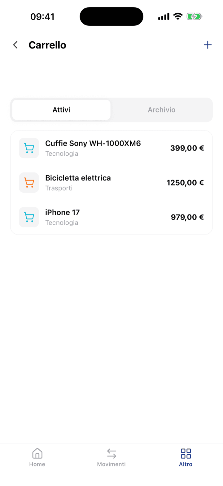 Carrello anti-impulso nell'app iOS ContoFlux